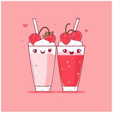Cute milkshakes with strawberries and cherries. Vector illustration.の素材