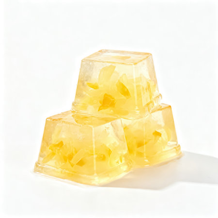 Yellow ice cubes isolated on white background, close-up, macroの素材