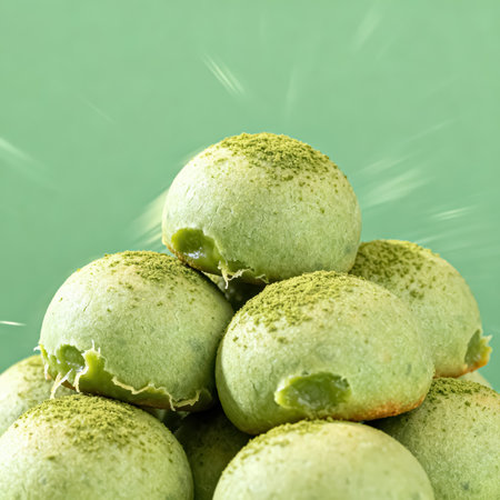 Green tea macaroons on a green background. Close up.の素材