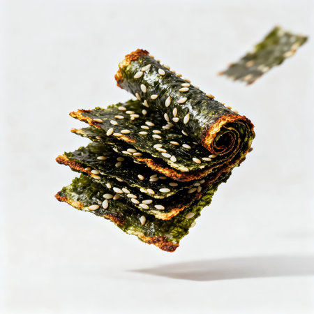 Sesame seaweed with sesame seeds on a white background.の素材