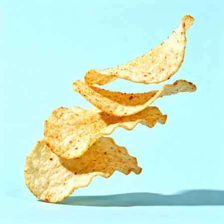 Potato chips flying in the air on a light blue background.の素材