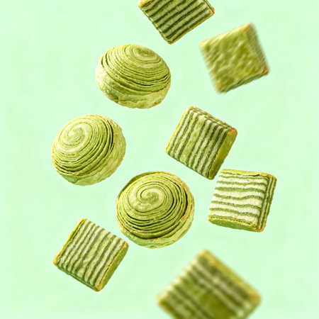 Green tea meringue cookies flying in the air on green backgroundの素材