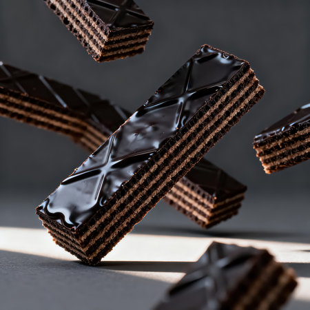 Chocolate wafers on a dark background, close-upの素材