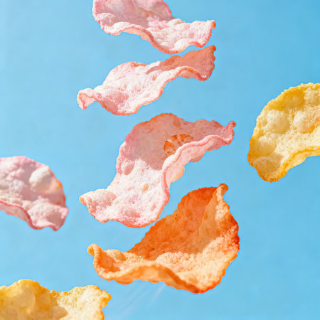 Crispy potato chips flying in the air on a blue backgroundの素材