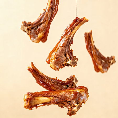 Fried pork ribs hanging on a rope on a light background.の素材