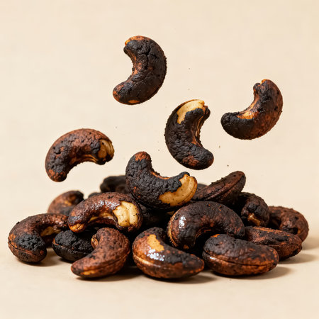 Roasted cashew nuts falling into the air on a brown backgroundの素材