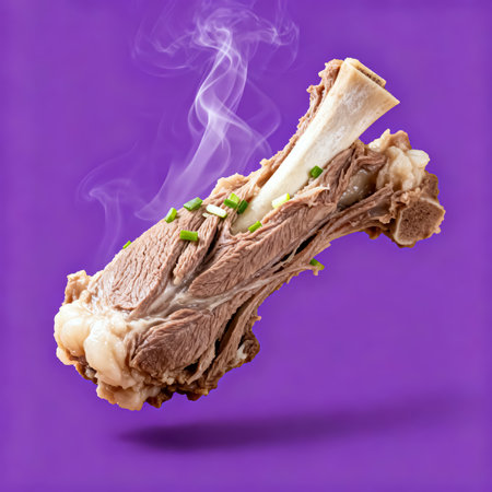 boiled beef tongue with green onion and white smoke on purple backgroundの素材