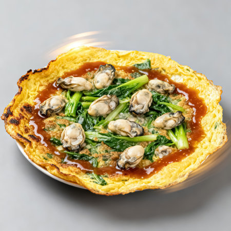 Omelet with oysters and kale in tomato sauce on gray backgroundの素材