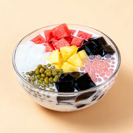 Yogurt with mixed fruits in a glass on beige backgroundの素材