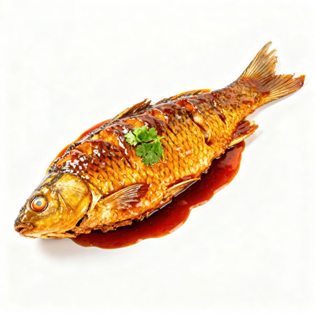 Grilled carp in red sauce with parsley on a white backgroundの素材