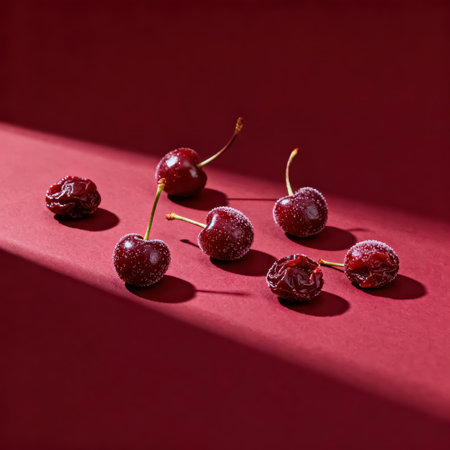 Cherries on a red background with shadows. Minimal style.の素材