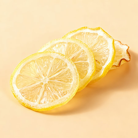 Sliced lemon on yellow background. Flat lay, top viewの素材