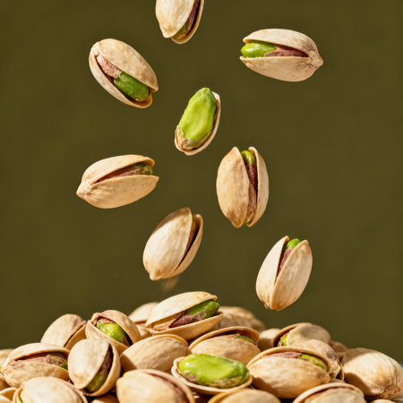 Flying pistachios on a dark green background. Close-upの素材