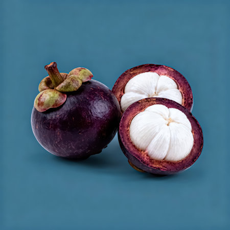 Mangosteen fruit on blue background. Exotic fruit.の素材