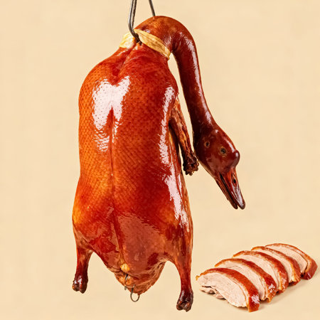 Roast duck on a rope with slices of meat on a beige backgroundの素材
