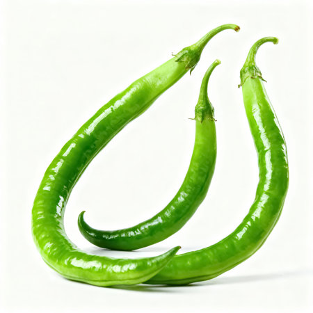 Green hot chili peppers isolated on a white background with clipping path.の素材