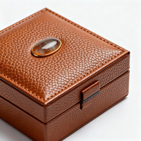 Brown leather box isolated on a white background. Clipping path included.の素材