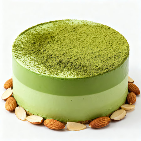 Green tea matcha cheesecake with almonds on a white background.の素材