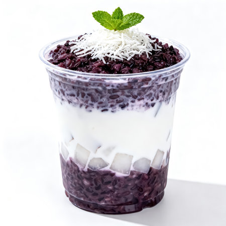 Black rice pudding with coconut and chia seeds in a plastic cupの素材
