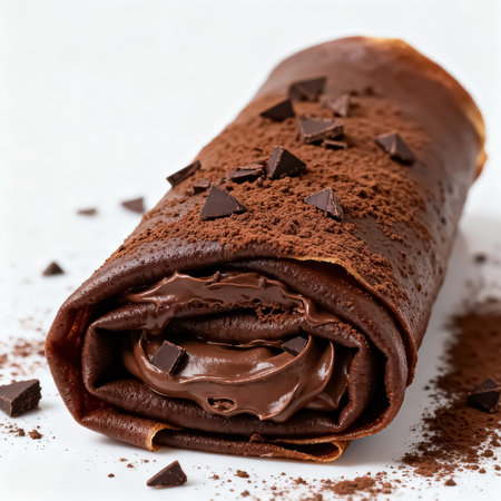 Chocolate crepe roll with chocolate on white background. Shallow dof.の素材