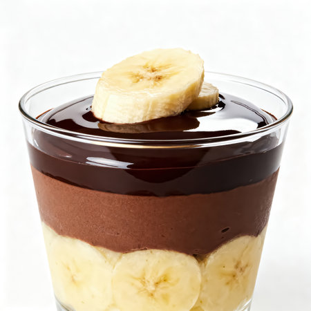Chocolate pudding with banana in a glass closeup on white backgroundの素材