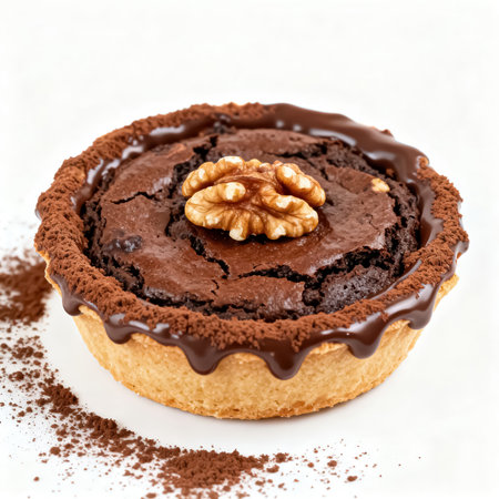 Chocolate tart with walnut on white background. Closeup.の素材