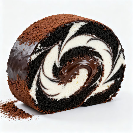 Chocolate roll cake on white background. Clipping path included.の素材