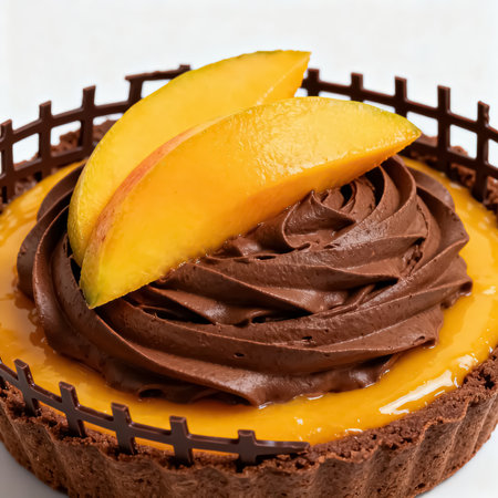 Chocolate Mango Tart on a white background. Selective focus.の素材
