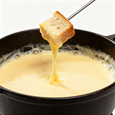 Cheese fondue with bread in a pan, close-upの素材