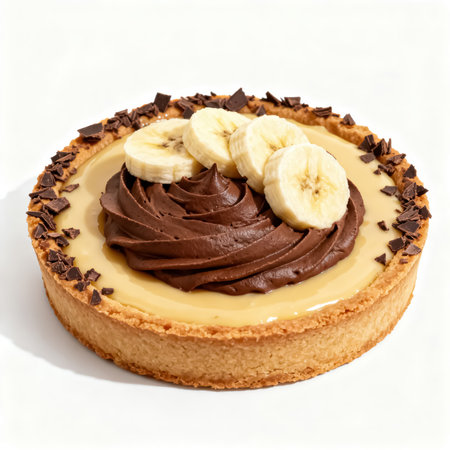 Chocolate tart with banana and chocolate shavings on white backgroundの素材