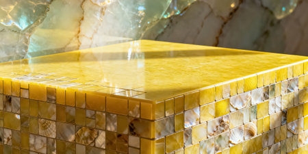 Golden mosaic tile wall and floor in luxury hotel bathroom interior for background.の素材