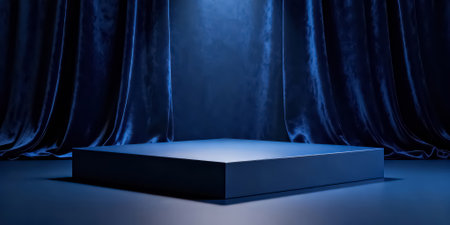 Stage background with blue velvet curtains and black podium. 3d renderingの素材