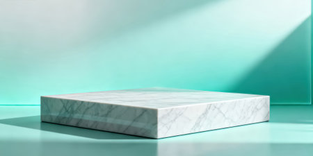 3D rendering of a white marble podium on a green background.の素材