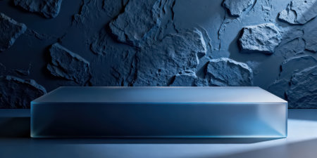 3D render of a blue pedestal in front of a blue wallの素材