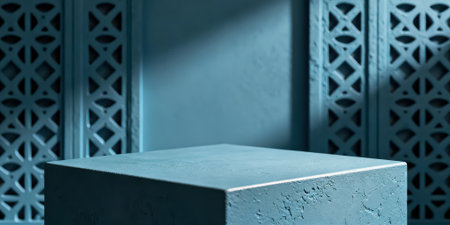 3d rendering of blue concrete pedestal for product display mockupの素材