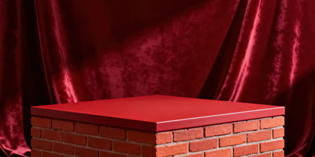 Red podium on red velvet curtain background. 3d render illustration.の素材