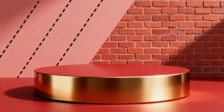 3d render of golden podium on red background with red brick wall.の素材