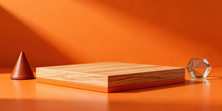 Wooden podium for product presentation on orange background. 3d renderingの素材