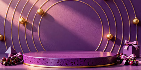 3d render of purple podium with christmas balls and decorations.の素材