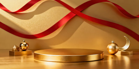 3d render of golden podium and red ribbon with christmas decorationの素材