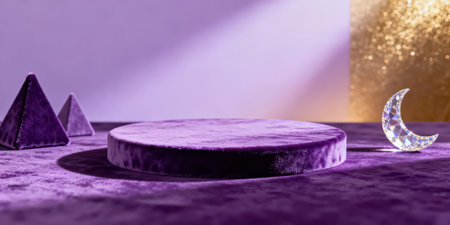 Purple podium with geometric shapes. Abstract background. 3d renderingの素材