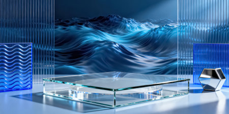 3d render, abstract blue background with glass table and blue wavesの素材
