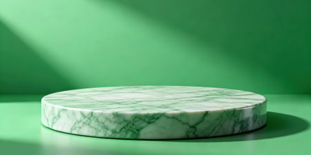 3D rendering of a white marble podium on a green background.の素材