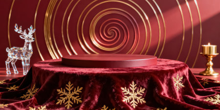 Christmas podium and Christmas decorations on red velvet background. 3d renderの素材