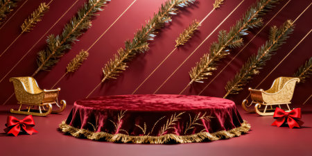 Christmas background with red podium and Christmas decorations. 3D rendering.の素材
