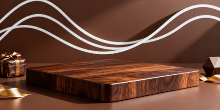 Wooden box with gift and ribbon on brown background. Mock up.の素材