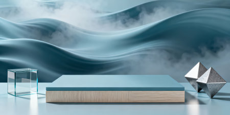 Minimal scene with blue podium and geometric shapes. 3D renderingの素材