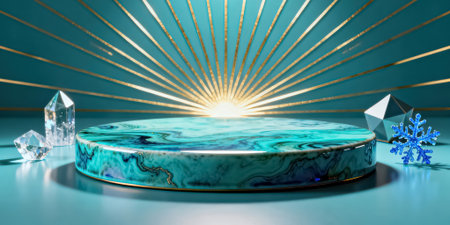 3D render of a blue marble podium on a turquoise backgroundの素材