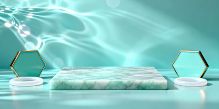 3d render of white marble pedestal with turquoise backgroundの素材