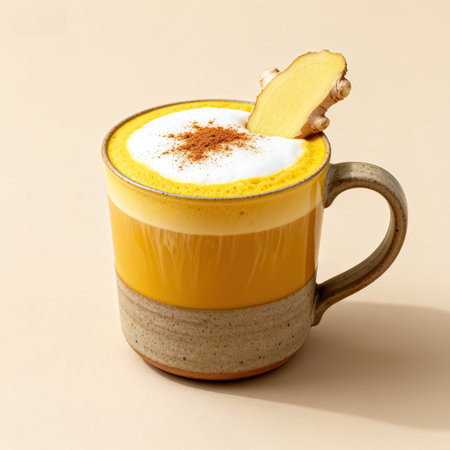 Mango latte with cinnamon in a cup on beige backgroundの素材